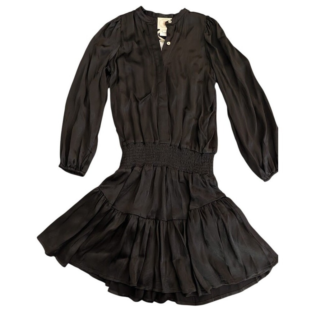 Muche Muchette Black Rhinestone Smocked Tiered Ruffle Mini‎ Dress One Sz NEW